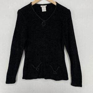 TALBOTS Sweater M Beaded Trim V-Neck Chenille Knit Long Sleeve Pullover Black